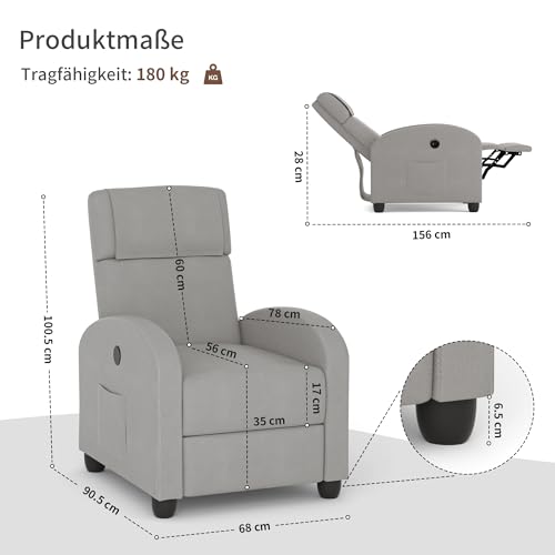 FiveWillowise Fernsehsessel Ruhesessel Relaxsessel mit Verstellbarer Beinablage und Verstellbarer Rückenlehne bis 140°, Einzelsofa, Liegesessel, TV Sessel mit Liegefunktion, Hellgrau – Bild 3