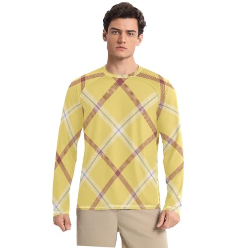Argyle Plaid Yellow Men's Swim Shirts UPF 50+ Quick Drying Round Neck Mens Sun Protection Long Sleeve Outdoors