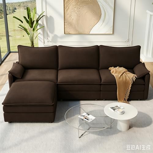 Image of Vesgantti L Shaped Sectional Couch with Ottoman Chenille for Living Room, Bedroom and Apartment, Pure Black