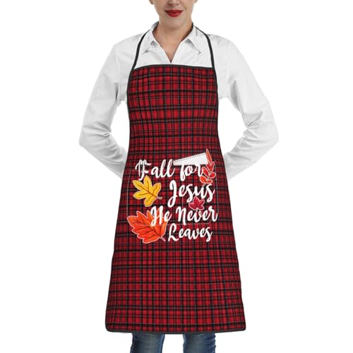 nopicsn Fall for Jesus He Never Leaves Apron for cooking with Pockets Women Men Kitchen Chef Funny Aprons