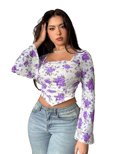 Image of Istyle Can Floral Print Slim‑Fit Crop Top with Square Neck & Bell Sleeves Casual for Women, 95 % Polyester /5 % Elastane Knit, Trendy Crop Tee for Jeans and Skirts