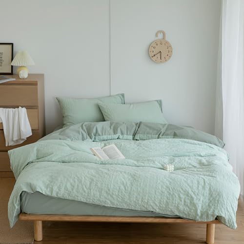 Joanna&Seasons Doble Juego de Funda nórdica Verde, Seersucker Ropa de Cama de algodón Suave,para Cama de 105,con 1 Funda nórdica 200x200 cm y 2 Fundas de Almohada 48x74 cm,Cremallera.