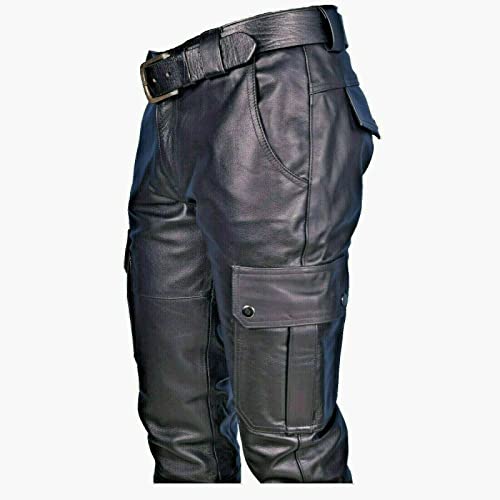 BaronHong Men Multi Pockets Motorcycle Workwear Slim Fit PU Faux Leather Cargo Pants3