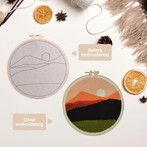 Image of PYHIRRY Punch Needle Kits Adults Beginner Sunset with Tool, Hoop, Yarn, Fabric & Video Tutorials -Complete Punch Needle Kit for Home Decor Craft for Wall Art & Gifts