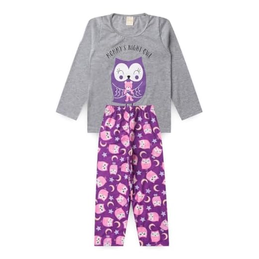 Pijama Longo Infantil Menina Blusa e Calça Mamãe Coruja (Mescla, 8)