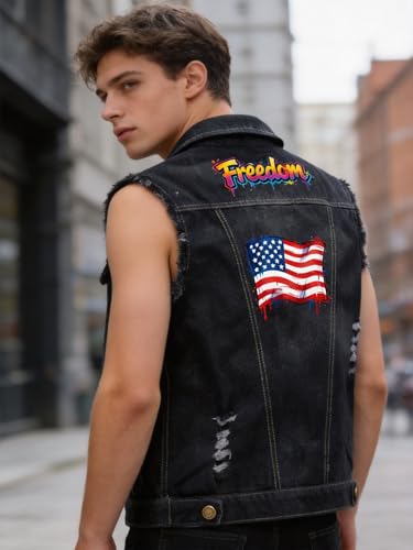 Image of Idopy Men`s American Flag Retro Ripped Denim Jeans Vest Sleeveless Jacket