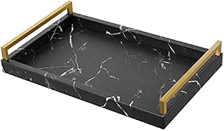 Lewondr ServingTray with Wide Metal Handles, PU Ottoman Serving Tray, 15.35"x9.84"x2.36" Desktop Serving Platter, Jewelry Key Tray, Countertop Storage Organizer Plate for Kitchen,Office - Black Marble