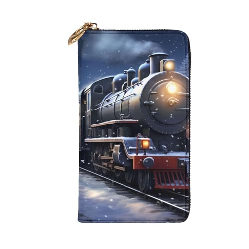 Winter Christmas Snow Night Railway Train Picture Leather Long Clutch Wallet for Fashionable Girls and Women - Durable, Stylish, and Functional, Black, One Size2