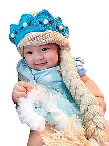 Crochet ice Queen Princess Beanie Knit hat with Tiara and Braid for Baby Girl Toddler Blue (Size M)