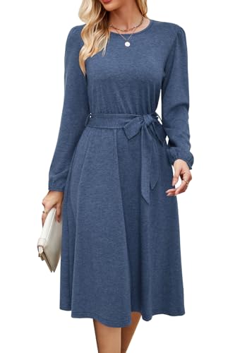 Image of Newshows Womens Long Sleeve Casual Dresses 2025 Business Work Teacher Fall Church Belted A Line Flowy Midi Dress