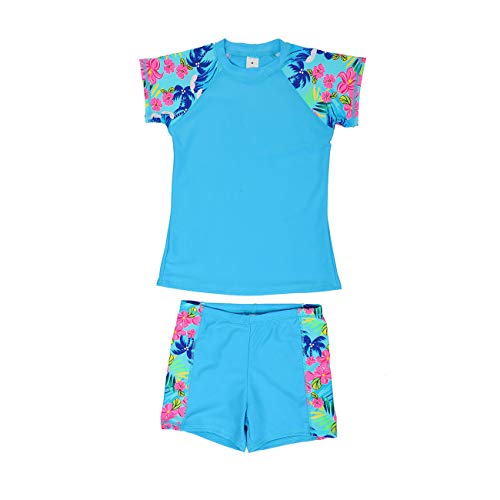 DAYU Kids Boys Girls Rashguard Swimsuit Set Sun Protection UPF 50+, Blue Floral, 12-14