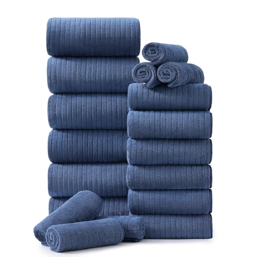 Hailea 18 Piece Family Bath Towel Set Include 6 Bath Towels,6 Hand Towels and 6 Washcloths Soft Bathroom Towel with Hanging Loops,Highly Absorbent Quick Dry Towels Set for Bathroom,Hotel and Spa-Navy