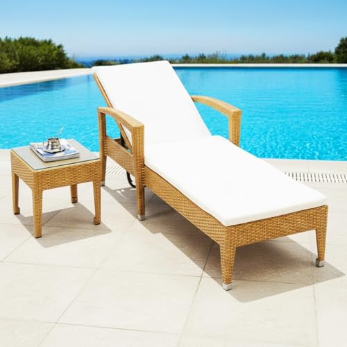Image of DEVOKO Outdoor Patio Chaise Lounge Chair with Water Resistant Cushions and Matching Table with Glass Top for Garden, Pool, Beach, Yard, Deck (Beige & White)