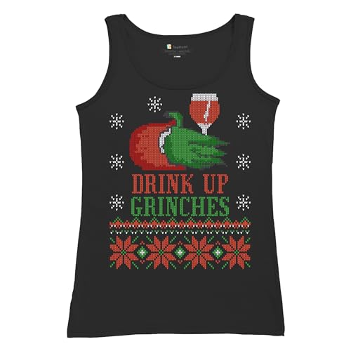 Tee Hunt Camiseta regata feminina Drink Up Grinches suéter feio festa de Natal bebendo, Preto, M