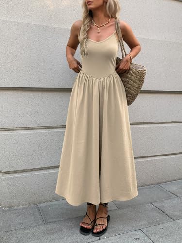 Image of Mieazom Women's Sleeveless V-Neck Maxi Dress with Pockets - Slim Fit Casual Summer Spaghetti Strap Dress for Vacation