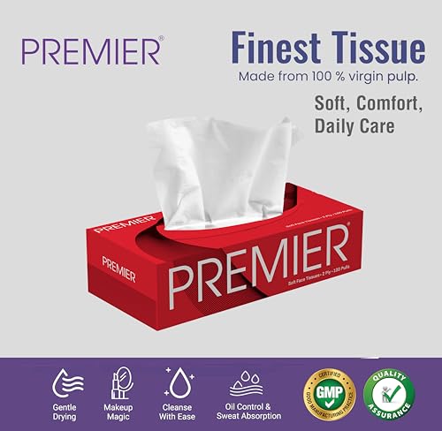 Image of Premier 2-Ply Box Face Tissue Papers - 100 Pulls per Box (Pack of 4, 400 Pulls, 800 Sheets) -Ultra Soft, Gentle & Highly Absorbent Facial Tissues for Home, Office, Car & Travel | Red