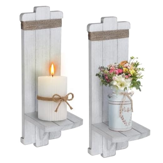 2 PCS Farmhouse Wall Hanging Candle Sconces - Nordic Style Handmade Wooden Wall-Mount Candle Holders Rustic Hanging Wall Sconces for Bedroom Living Room Kitchen Bathroom(Grayish White)