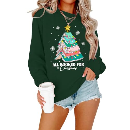 Christmas Sweatshirts for Women All Booked Christmas Sweater Funny Merry Sweatshirt Xmas Holiday Long Sleeve Pullover