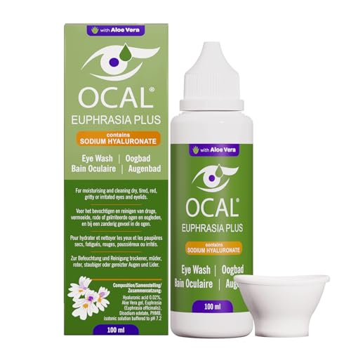 OCAL Euphrasia Plus Eye Wash – 100ml | with Aloe Vera & Sodium Hyaluronate | for Red, Tired, Gritty Eyes | Includes Eye Cup | pH 7.2 Buffered | Gentle Daily Cleanse