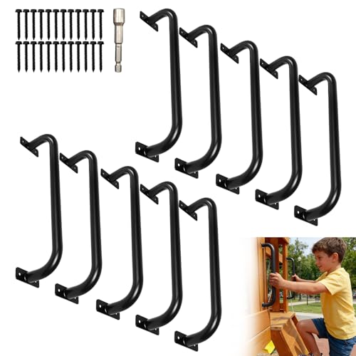 ICokin 10 Pcs Black 17”Metal Playground Safety Handles, Non-Slip Grab Bars for Kids Playsets, Indoor Ceiling Grab Bars and Outdoor Monkey Bars Playgrounds Climbing Frames,Treehouses and Wall ladders