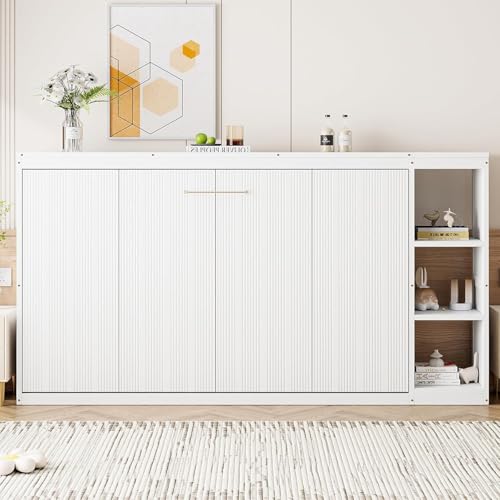 Twin Murphy Bed with Storage Shelves, Modern Murphy Wall Bed, White