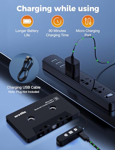 Arsvita Car Audio Bluetooth Cassette Receiver, Bluetooth 5.0 Cassette to Aux Adapter for car, Tape Audio Adapter, Support Micro SD Card, Hands-Free Call, Black