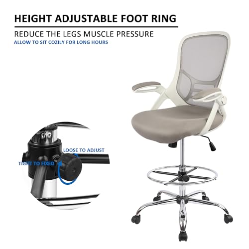 Image of HYLONE Drafting Chair, Tall Office Chair Standing Desk Stool with Adjustable Foot Ring, Flip-Up Arms, Mesh High-Back Drafting Table Chair, White & Grey
