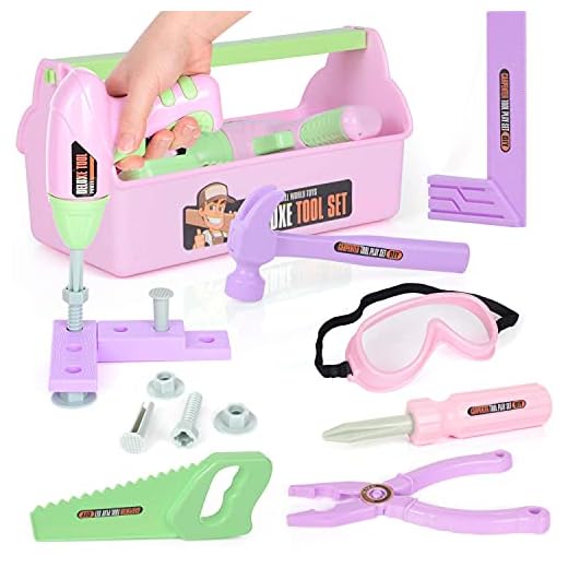 EP EXERCISE N PLAY 18 Pieces Kids Tool Set Pretend Play Construction Tool Accessories with a Tool Box Including Toy Electric Drill (Pink)