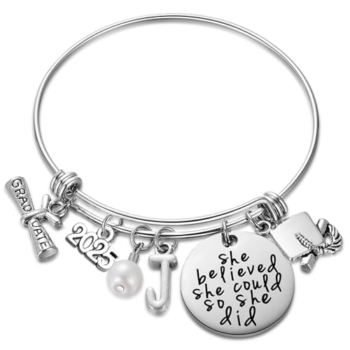Image of Ukodnus Class of 2025 Graduation Gift - Senior 2025 Graduate Bracelet - Inspirational Graduation Gifts for Her - 26 Initial Charm Bracelets for College High School