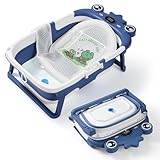 Baby Bathtub,Collapsible Baby Bath Tub with Soft Cushion & Thermometer, Space Saving Foldable & Travel Newborn Bathtub for Infant to Toddler 0-36 Months, Frog Blue