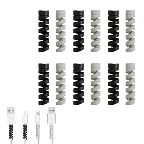 12pcs Charger Cable Saver Protectors,Flexible Silicone Micro USB Protector,Silicone Cord Saver Cable Wire Protector Flexible Spiral Cable Protector Sleeve for Phones Laptops Data Cables(black,Gray)