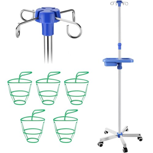 Image of Stainless Steel IV Pole with Wheels - Adjustable Telescopic Infusion Stand, 22 Lbs Capacity, 4 Hooks & Storage Tray - Portable Mobile Drip Stand for Hospital, Clinic, Home and Elderly Care