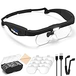 Exgoon Magnifying Glasses with Light, 1.5X to 5X Magnifying Glass with 4 Detachable Lenses, Hands Free Rechargeable Headband Magnifier for Hobbies Crafts Jewellers Close Work (Black)