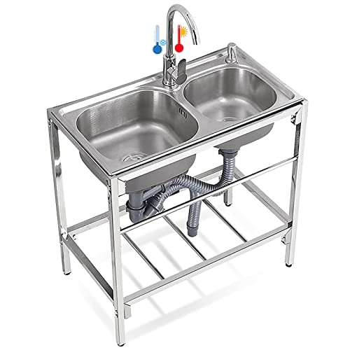 Fregadero acero inox con Patas Acero Independientes Fregadero Multiusos con Mesa de Trabajo y Grifo Mezclador Frío Calor para Interior y Exterior,80cm