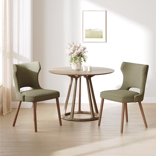 Image of Wooden Dining Chairs Set of 2, Farmhouse Dining Room Chairs with Solid Wood Legs, Mid Century Fabric Kitchen Chairs, Upholstered Chair for Restaurant & Cafe- Green