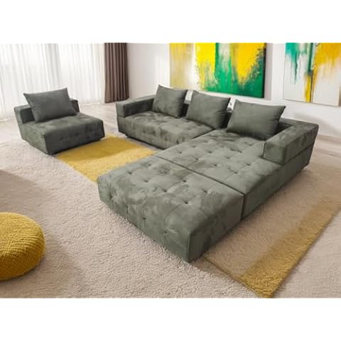 Stendmar 4pc 120-160" Modern Dark Olive Green Microfiber Vlevet Fabric U Shape Low Profile Sectional Couch Sofa S8802R Cover