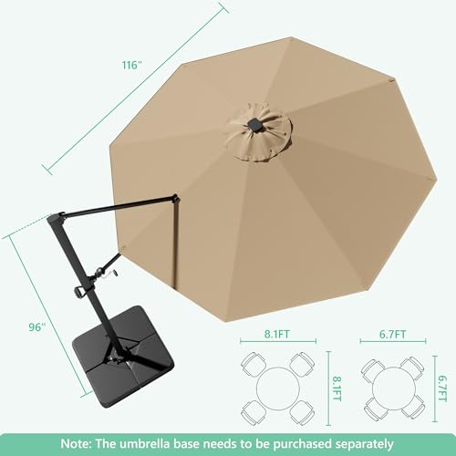 Image of Greesum 10FT Outdoor Patio Umbrella with High Pedel and 4 Gear Heights, Large Offset Umbrella with Solar LED Lights and 360-degree Rotation, Without Base, Hanging Outdoor Shade for Garden, Brown