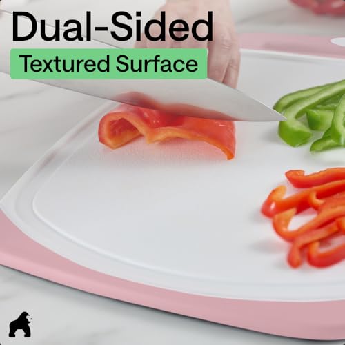 Image of GORILLA GRIP BPA-Free Reversible Kitchen Cutting Board Set of 3, US Designed, Nonporous, Juice Grooves Catch Liquid, Slip Resistant Border, Dishwasher Safe, Durable Large Food Chopping Boards, Pink