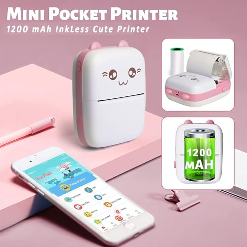 Image of Toys Mini Portable Thermal Printer - Bluetooth Pocket Printer for Kids & Adults, 57mm Inkless Photo & with (1 Roll + 1 Extra Roll) Prints B&W Notes & Stickers (Assorted) with 1 Year Warranty (BG30)