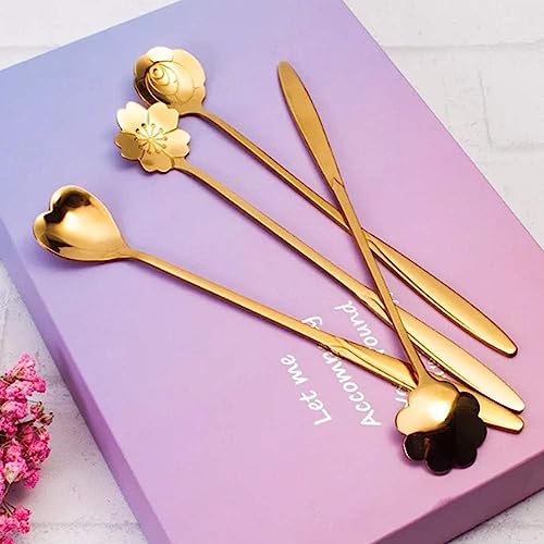 Image of Stainless Steel Coffee Spoon Set, Gold, Flower and Heart Shapes, 24 Centimeter, Set of 4