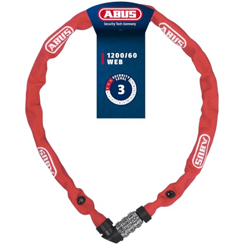 ABUS Kettenschloss 1200 Web – Zahlenschloss mit 3-stelliger Kombination – Kette aus gehärtetem Stahl – Leichtes Fahrradschloss mit Farbauswahl – Fahrradzubehör – 60 cm – Rot