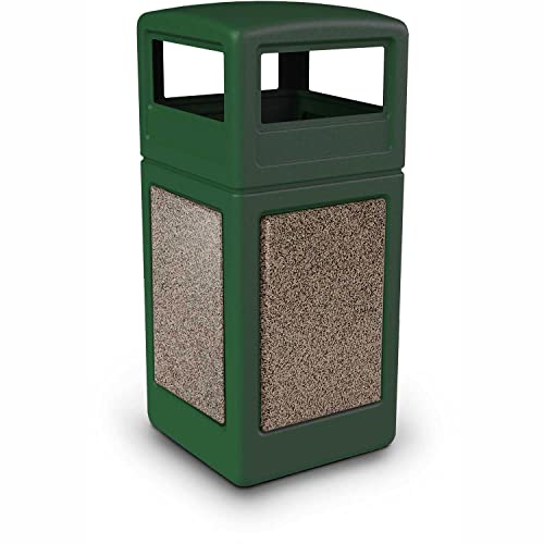 Image of Commercial Zone StoneTec 42 Gallon Square Receptacle with Dome Lid, Forest Green w /Riverstone Panels, 72045499