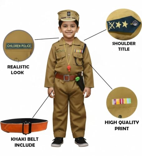Image of Kids Police Costume Dress for Boys - Khaki Uniform with Cap, Belt, Whistle & Accessories | Fancy Dress for School Functions, Annual Day & Role Play (1 Set)