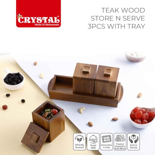 Image of Crystal Milano Premium Teak Wood Tray with 3 Bowls | Serve & Store | Ideal for Home & Restaurants | Handcrafted & Eco-Friendly