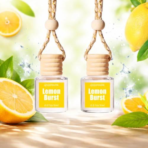 Image of Hanging Car Air Freshener 2 Pack, Lemon Scent Essential Oil Car Diffuser Bottle, Refillable Hanging Auto Aromatherapy Freshener, Long Lasting Odor Eliminator for Car, Truck, SUV