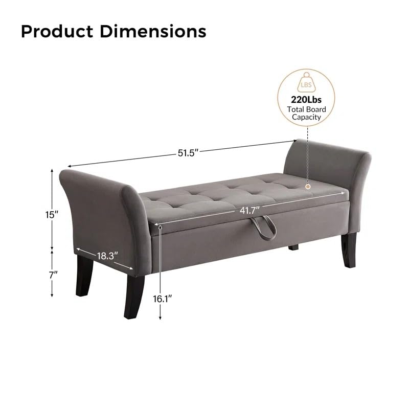 Image of 2 Seater Storage Ottoman Bench with Armrests | Upholstered Tufted Sofa Bench with Hidden Storage | Bedroom Living Room Entryway Seating | Modern End of Bed Bench Footrest Lounge Seat | Grey