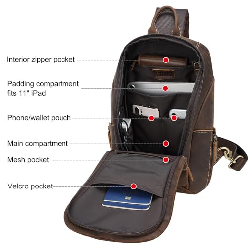 TIDING Leather Sling Bag for Men Women Vintage Crossbody Bag Casual Hiking Chest Daypack fits 11" Tablet3
