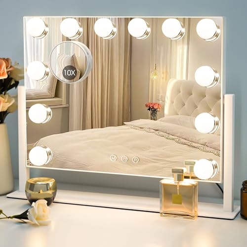 Sucedey Vanity Mirror with Lights, 46 x 36cm Large Makeup Mirror, 3 Color Modes and Adjustable Brightness, Touch Control, Detachable 10X Zoom Mirror (White)
