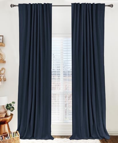 Image of 100% Blackout Shield Linen Blackout Curtains for Bedroom 108 Inches Long, Back Tab /Rod Pocket Living Room Drapes, Thermal Insulated Blackout Curtains 2 Panels Set, 50 inch W x 108 inch L, Navy