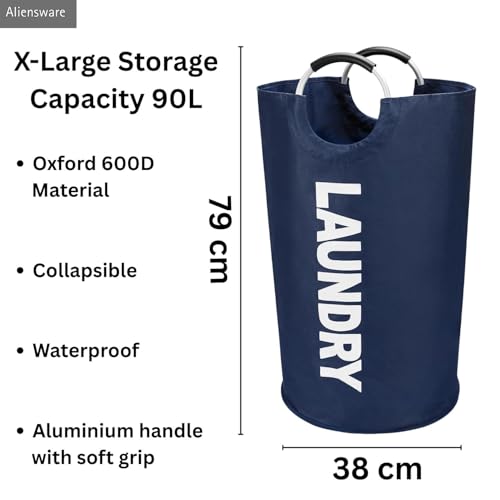 Image of Aliensware Laundry BasketXL 90L with aluminium Handles,Collapsible Laundry Bag Bin Hamper, Water Resistant Oxford cloth bag /Foldable /Clothes Storage Box /Storage Basket /Aliens-(79 X 38cm) Navy Blue